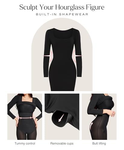 Dress Long Sleeve Midi Bodycon Dresses for Women Square Neck Shapewear Tummy Control Built-in Bra Party