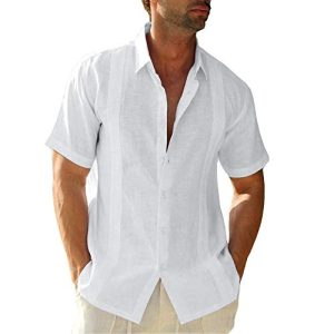 Mens Short Sleeve Cuban Camp Guayabera Shirt Linen Cotton Hippie Beach Button Down Shirts