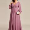 Women's Floor Length V Neck Lantern Sleeves Applique Mother of The Bride Dress Plus Size Formal Dresses