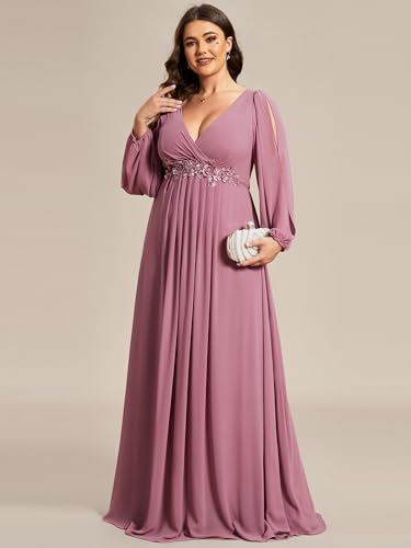 Women's Floor Length V Neck Lantern Sleeves Applique Mother of The Bride Dress Plus Size Formal Dresses