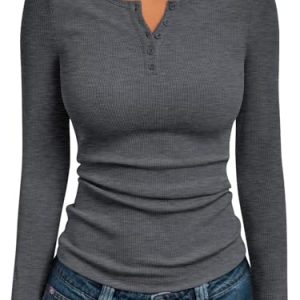 Womens Long Sleeve Shirts 2025 Henley Casual Fall Outfits Fitted Cotton Tops Ribbed Fashion Cute Basic Tees