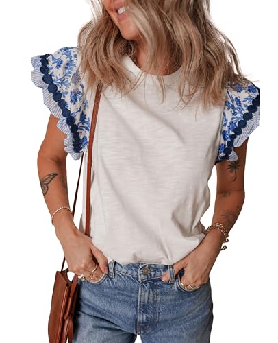 Womens Summer Ruffle Short Sleeve Top Crewneck T Shirts Floral Trim Casual Blouses