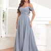 Women's Off The Shoulder Bridesmaid Dresses with Pockets Long Chiffon Wedding Guest Dress with Slit