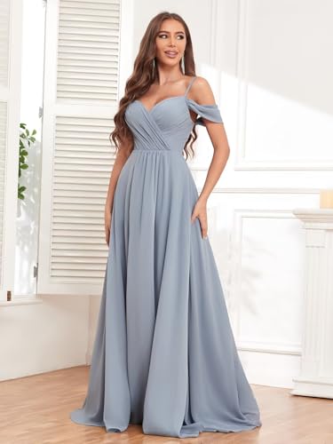 Women's Off The Shoulder Bridesmaid Dresses with Pockets Long Chiffon Wedding Guest Dress with Slit
