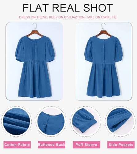Womens Summer Crewneck Puff Sleeve Babydoll Elegant Empire Waist Mini Swing Skater Dresses with Pockets