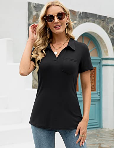 Womens V Neck Polo Shirts Short Sleeve Collared Tops Loose Casual Tunic Blouses with Pocket