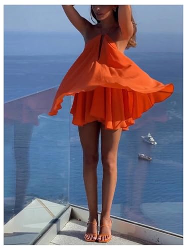 Women's Halter Dress Tie Open Back Twist Sleeveless Flowy A Line Mini Dresses