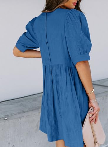 Womens Summer Crewneck Puff Sleeve Babydoll Elegant Empire Waist Mini Swing Skater Dresses with Pockets