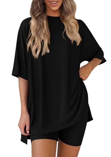 Women's Two Piece Lounge Set 2025 Summer Casual Oversized Shirts Biker Shorts Matching Airport Travel Outfit