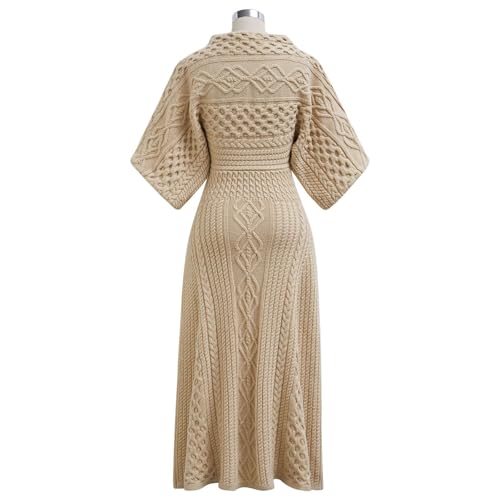 Women Cable Knit Sweater Dress Boat Neck High Waisted Knit Dresses Elbow Sleeves Solid Fall Trendy Casual Long Dress