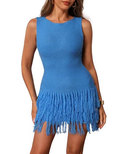 Women's Fringe Sleeveless Mini Dress Crew Neck Bodycon Knit Party Club Dresses