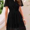2025 Women Summer Short Dress V Neck Short Sleeve A Line Hollow Out Lace Ruffle Cute Casual Beach Party Dresses