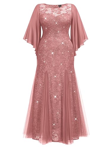 Women's Plus Size Sequins Lace with Ruffle Cape Cloak Sleeves Tulle Mermaid Hemline Evening Prom Long Dress