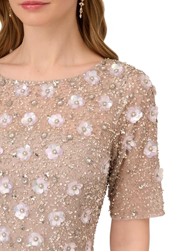 Women's Long Hand Beaded 3D Floral Dress with Elbow Sleeves