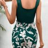 Women's 2 Piece Solid Square Neck Pullover Tank Top and Floral Print Belted Shorts Sets