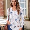 Women's Puff Long Sleeve Shirts Pleated V Neck Fall Tunic Tops Blouse Dressy Casual Loose Summer T-Shirts