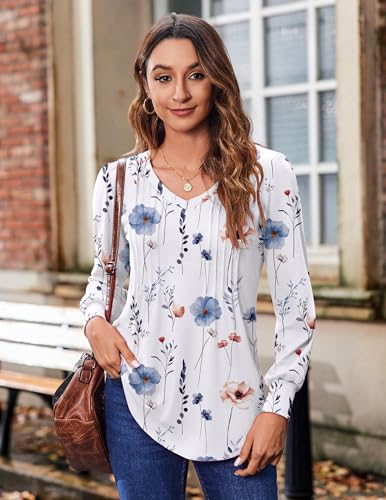 Women's Puff Long Sleeve Shirts Pleated V Neck Fall Tunic Tops Blouse Dressy Casual Loose Summer T-Shirts