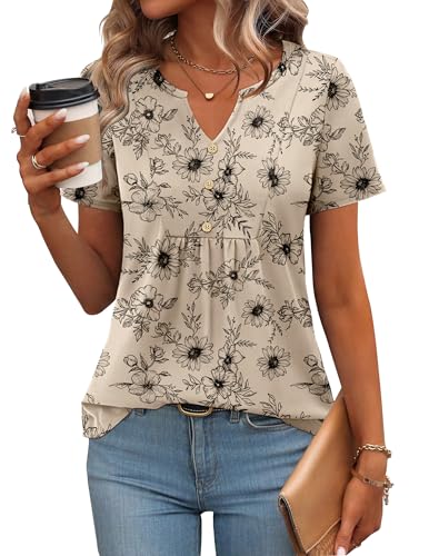 Womens Short Sleeve Tops Summer Henley V-Neck Tshirts Casual Pleated Blouse Dressy Loose Floral Basic Tee