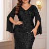 Plus Size Formal Dresses for Women with Embroidery Sequin and Cape Sleeve, V-Neck Maxi Dress for Wedding and Party