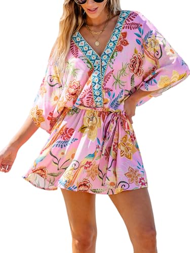 Women's Mini Dress V Neck Floral Half Dolman Sleeve Belted Loose Fit Short Summer Beach Dress