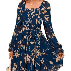 Womens Boho Long Sleeve Mini Dress Floral Square Neck Smocked A-Line Flowy Short Fall Wedding Guest Dresses