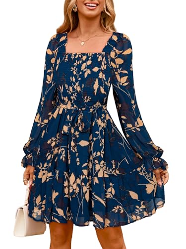 Womens Boho Long Sleeve Mini Dress Floral Square Neck Smocked A-Line Flowy Short Fall Wedding Guest Dresses