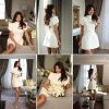 Women's Elegant Bow Backless Hollow Out Mini Dress Turtleneck Short Sleeve Pad Shoulder Dresses for Party Cocktail
