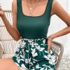 Women's 2 Piece Solid Square Neck Pullover Tank Top and Floral Print Belted Shorts Sets
