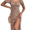 Women's Floral Summer Casual Dress Square Neck Puff Sleeve Boho Midi Dresses Ruched Bust High Waist Split Long Dress