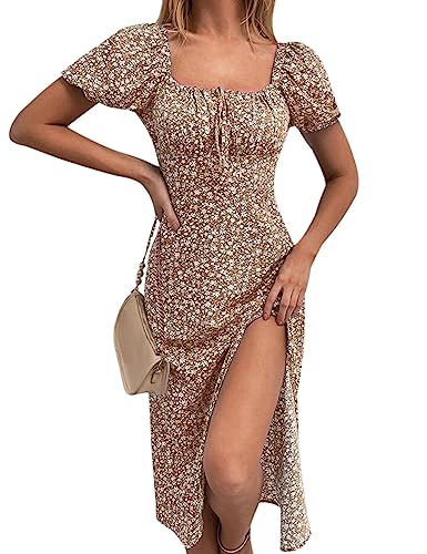 Women's Floral Summer Casual Dress Square Neck Puff Sleeve Boho Midi Dresses Ruched Bust High Waist Split Long Dress