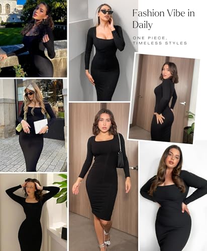 Dress Long Sleeve Midi Bodycon Dresses for Women Square Neck Shapewear Tummy Control Built-in Bra Party