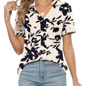 Womens Polo Shirts Dressy V Neck Business Casual Tops Lapel Collar Short Sleeve Summer Shirts Loose Fit Work Blouses