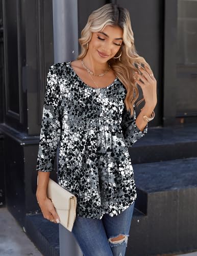 3/4 Sleeve Tops for Women Crew Neck Blouses Pleated Casual Shirts Fall Work Clothes 2025