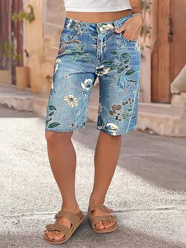 High Waisted Bermuda Shorts for Women Knee Length Floral Print Stretchy Summer Denim Shorts Trendy