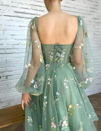 Women's Puffy Sleeve Prom Dresses Fair Flower Embroidery Tulle Green Formal Evening Party Gowns