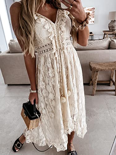 Women's Summer Dresses Sleeveless Lace Casual Tassel Beach Spaghetti Straps Flowy Maxi Sun Dress