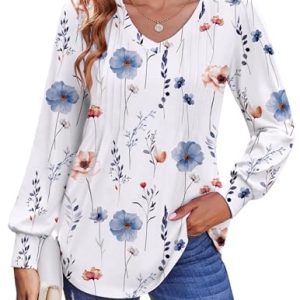 Women's Puff Long Sleeve Shirts Pleated V Neck Fall Tunic Tops Blouse Dressy Casual Loose Summer T-Shirts
