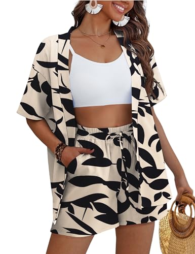 Women's 2 Piece Outfits Kimono Style Tropical Print Cover Ups Half Sleeve Blouse Shorts Set Summer Beachwear （S-XL）