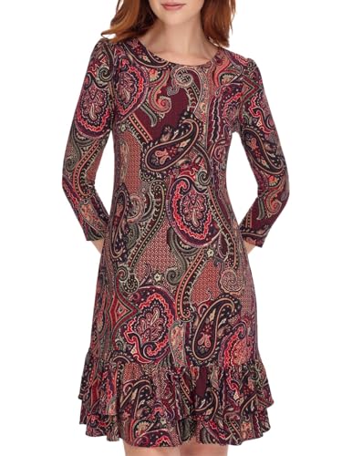 51NZIL9atsL.jpg Women's 3/4 Sleeve High Neck Ruffle Trim Jersey Mini Dress
