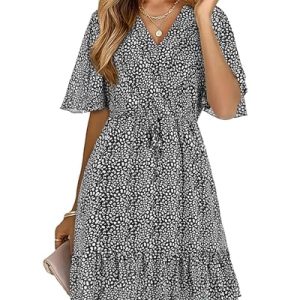 Women's Summer Dresses 2025 Casual Short Sleeve V Neck Ruffle Floral Print High Waist Flowy Mini Dress with Belt