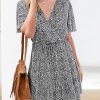Women's Summer Dresses 2025 Casual Short Sleeve V Neck Ruffle Floral Print High Waist Flowy Mini Dress with Belt