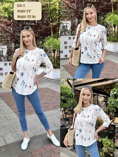 3/4 Length Sleeve Womens Tops Crew Neck Loose Fit Shirts Pleated Cute Clothes Dressy Casual 2025 Summer Tunics