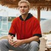 Mens Short Sleeve Hoodie Soft Cotton Color Block Moisture Wicking Big Pocket Streetwear Short Sleeve Sweatshirt
