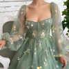 Women's Puffy Sleeve Prom Dresses Fair Flower Embroidery Tulle Green Formal Evening Party Gowns