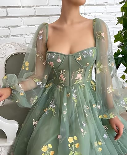 Women's Puffy Sleeve Prom Dresses Fair Flower Embroidery Tulle Green Formal Evening Party Gowns