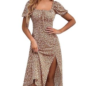 Women's Floral Summer Casual Dress Square Neck Puff Sleeve Boho Midi Dresses Ruched Bust High Waist Split Long Dress