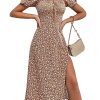 Women's Floral Summer Casual Dress Square Neck Puff Sleeve Boho Midi Dresses Ruched Bust High Waist Split Long Dress