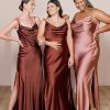 Ruched Satin Bridesmaid Dresses with Slit for Women Spaghetti Strap Long Prom Dress Cowl Neck Wedding Guest Dress