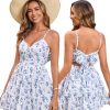 Women Casual Summer Floral Mini Sundress V Neck Bow Tie Backless Ruffle Flowy Cute Boho Beach Short Dress