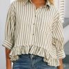 Womens Summer Tops Dressy Casual Blouse Top Ruffled Short Sleeve Button Down Striped Shirt